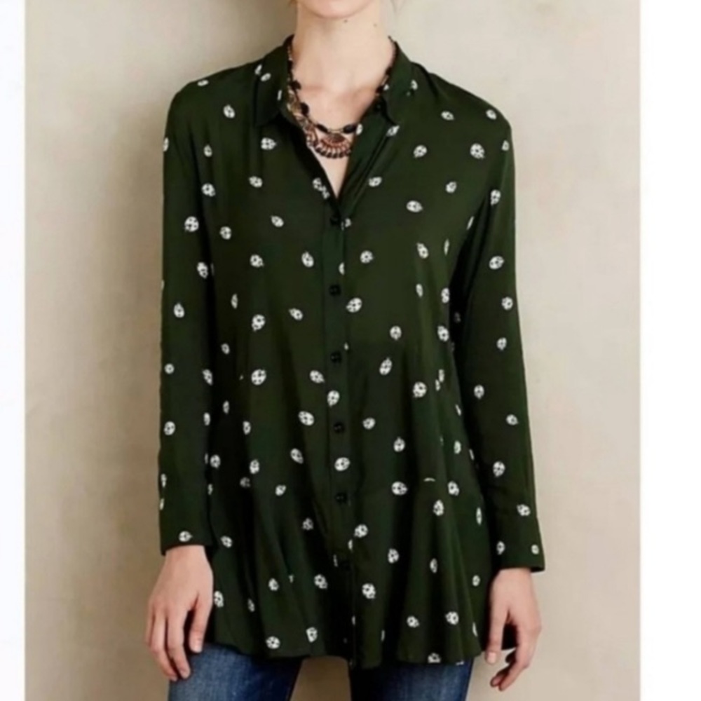 Anthropologie 11-1-Tylho Green Ladybug Insect Peplum Dress / Tunic | S